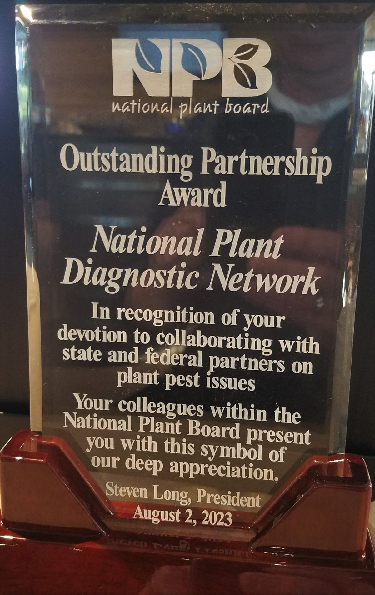 NPB Oustanding Partnership Award plaque awarded to Steven Long